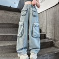 thumbnail image 1 of BULLPIANO Girls Jeans Elastic Wasit Wide Leg Pants Kids Jeans Hem Denim Pants 6-16 Years, 1 of 7