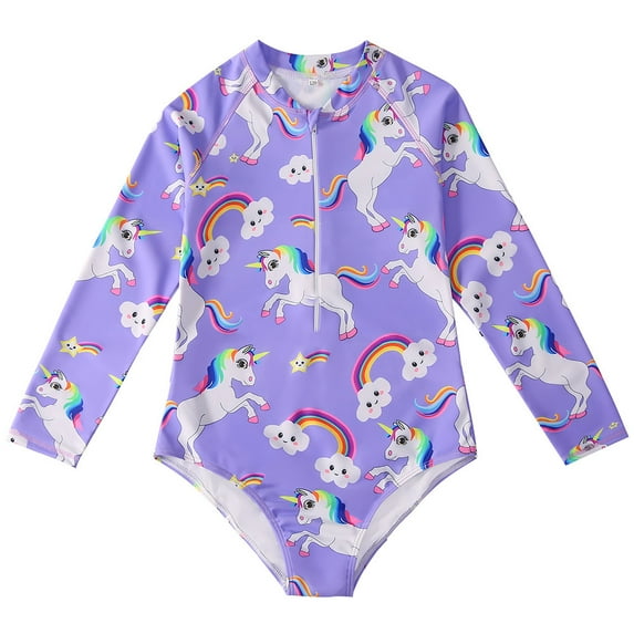 BULLPIANO Girls Long Sleeve Swimsuit One Piece Rash Guard Swimwear Quick Dry Kids Bathing Suits for Girls, Size 7-8 Years