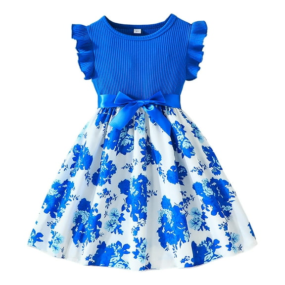 BULLPIANO Girls Ruffle Trim Dress CrewNeck Floral Belted Casual Party Dress 4-7 Years