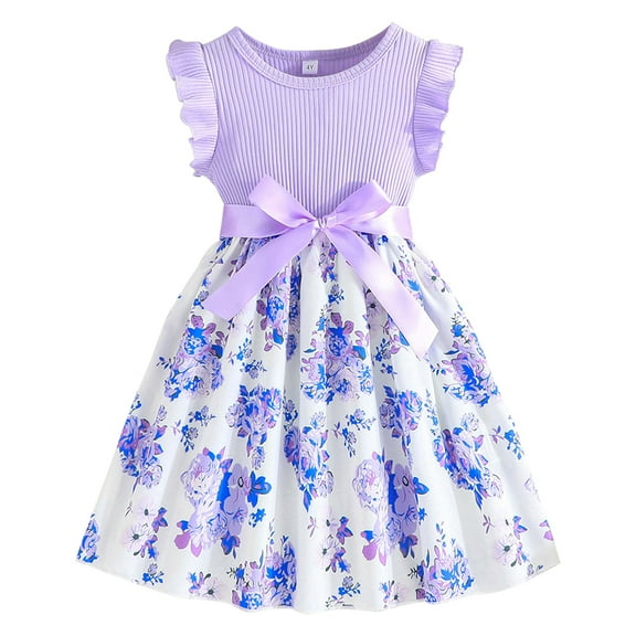 BULLPIANO Girls Ruffle Trim Dress CrewNeck Floral Belted Casual Party Dress 4-7 Years