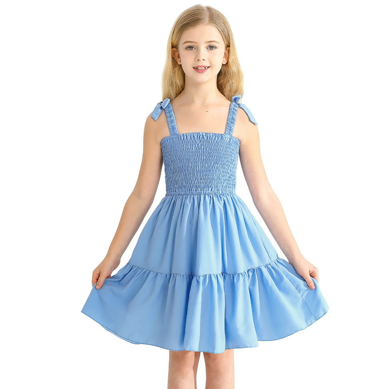 BULLPIANO Girls Solid Color Dress Smocked Elastic Dresses Tie Shoulder  Sleeveless Sundress Holiday Cami Dress