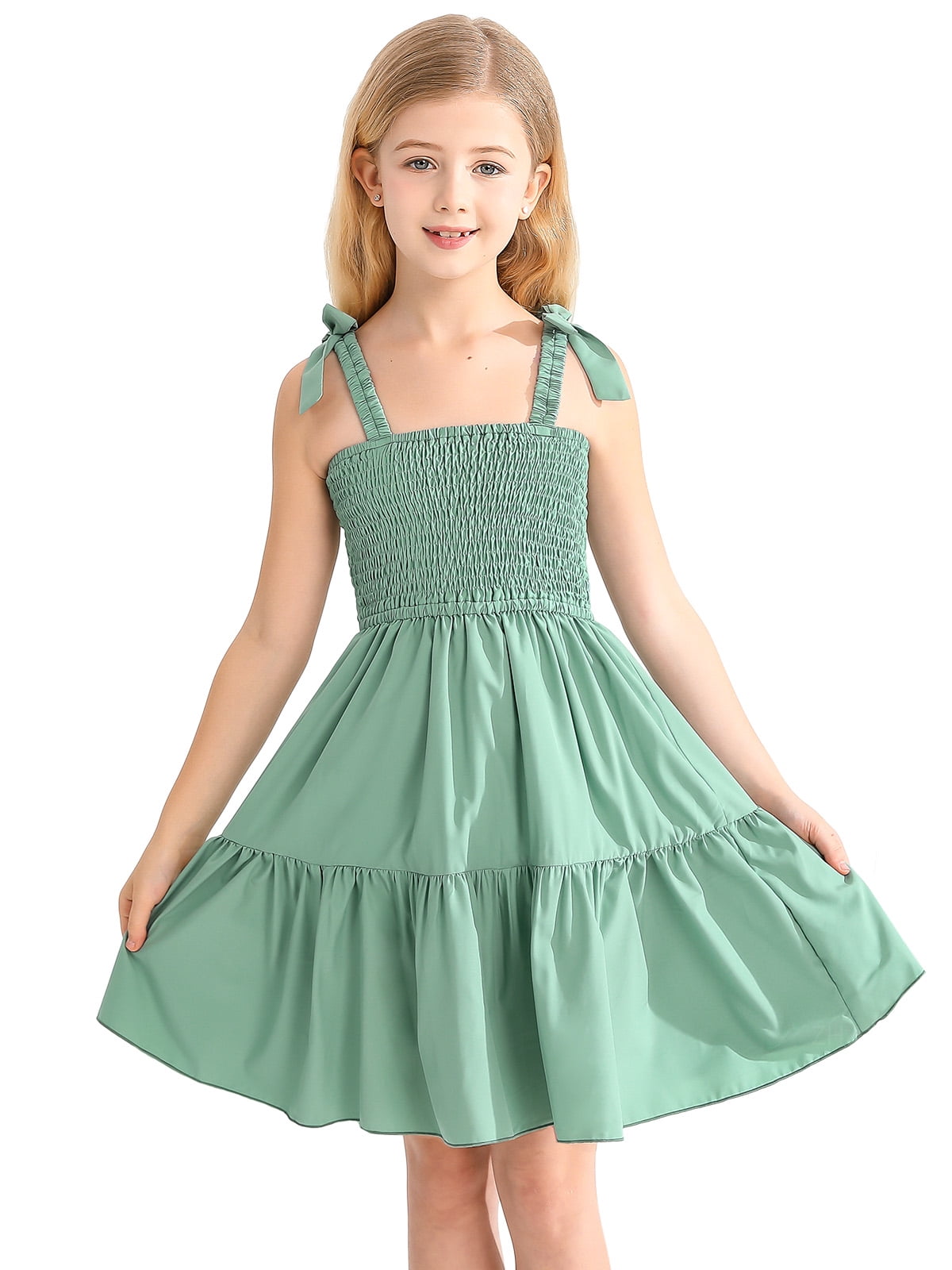 Toddler Girl Bowknot Design Smocked Solid Color Cami Dress
