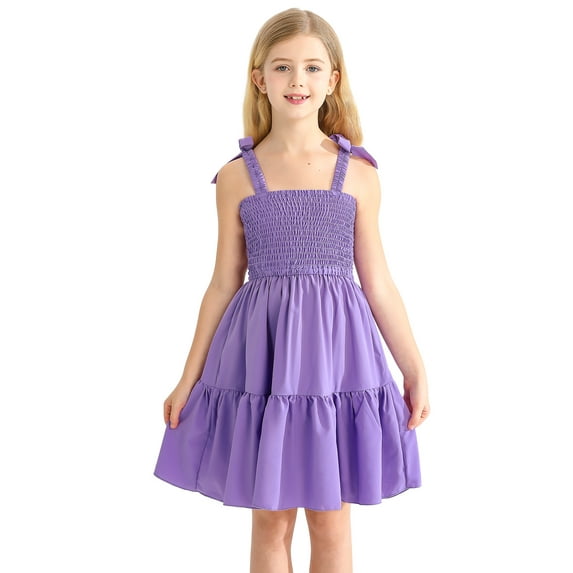 BULLPIANO Girls Solid Color Dress Smocked Elastic Dresses Tie Shoulder Sleeveless Sundress Holiday Cami Dress