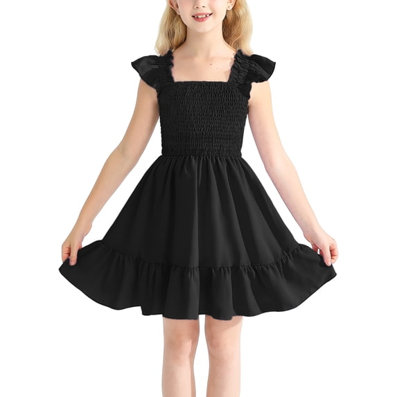 BULLPIANO Girls Solid Color Dress Smocked Elastic Ruffle Hem Sleeveless Sundress Holiday Cami Dress