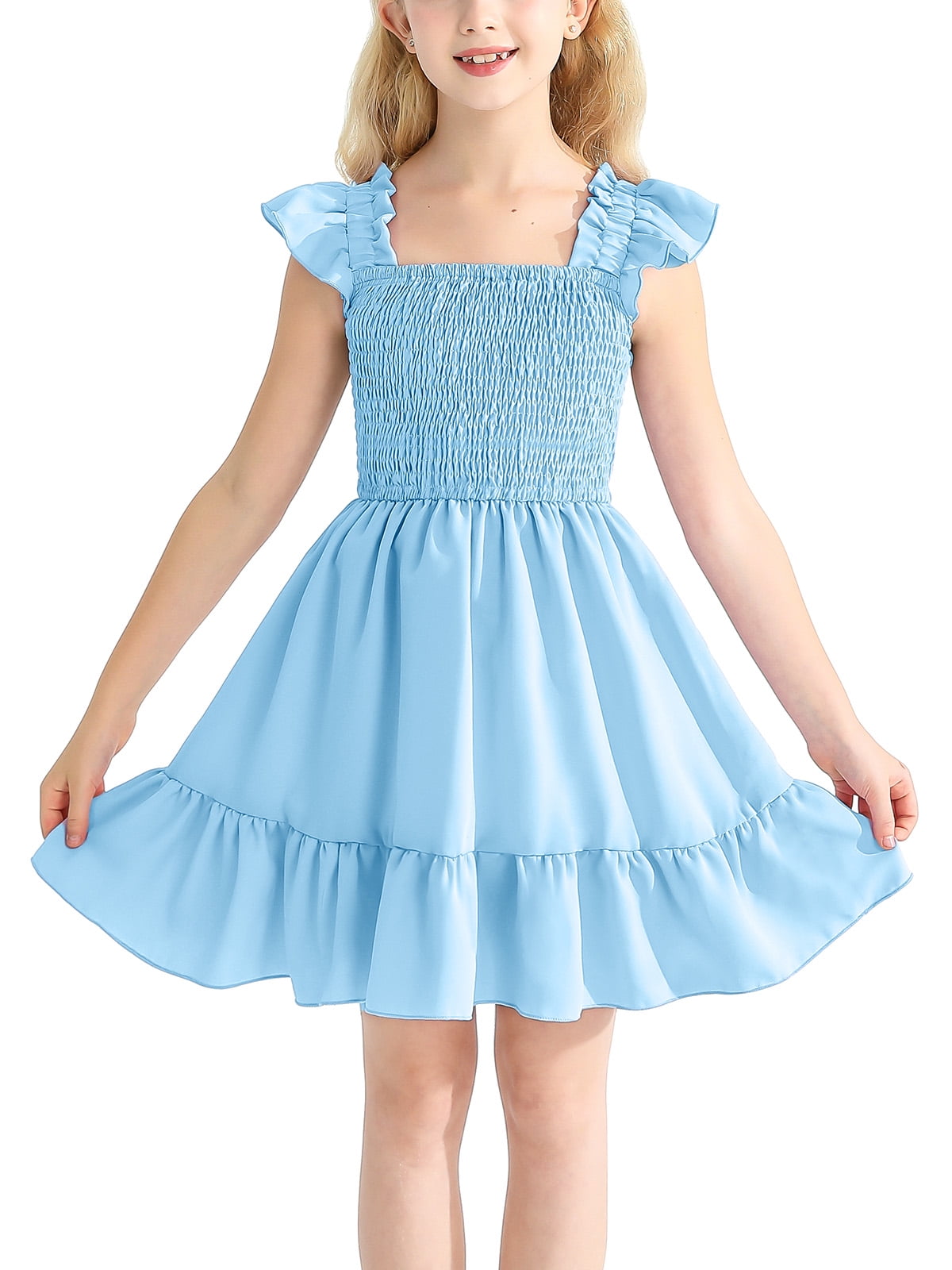 BULLPIANO Girls Solid Color Dress Smocked Elastic Ruffle Hem Sleeveless  Sundress Holiday Cami Dress