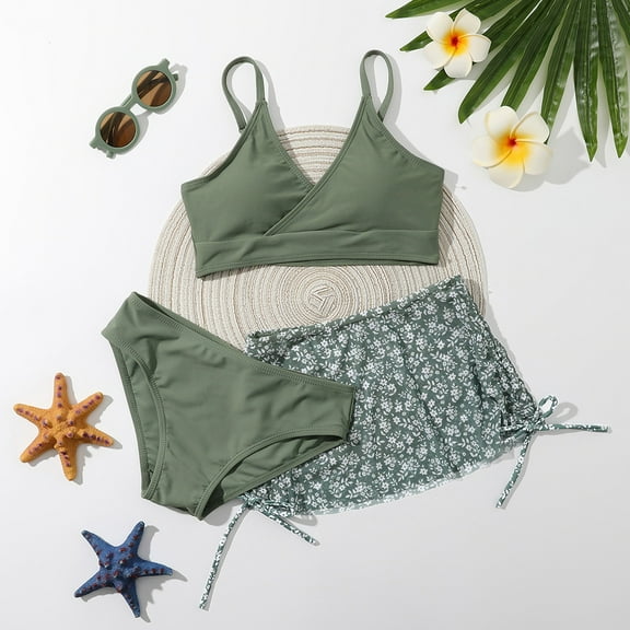 BULLPIANO Girls Swimsuit 3 Piece Bathing Suit Floral Print V Neck Bikini Set with Drawstring Quick Dry Cover Up Skirt 8-14 Years