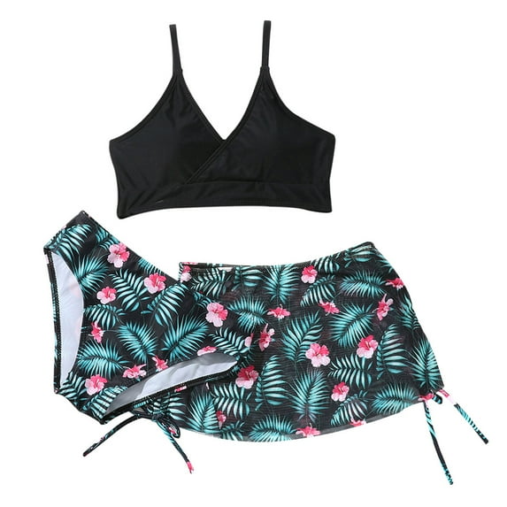 BULLPIANO Girls Swimsuit 3 Piece Bathing Suit Floral Print V Neck Bikini Set with Drawstring Quick Dry Cover Up Skirt 8-14 Years