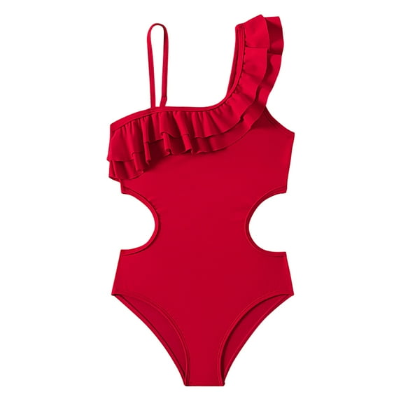 BULLPIANO Girls Swimsuit One Piece Adjustable Strap Bathing Suit Kids One Shoulder Ruffle Swimwear for 5-14 Years Old