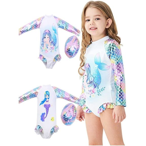 BULLPIANO Girls Swimsuits Bathing Suit Sets Mermaid Swimwear with Hat 3-9 Years