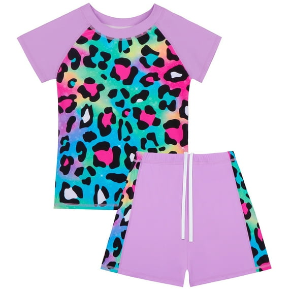 BULLPIANO Girls Swimsuits Two Piece Rash Guard Set Short Sleeve Bathing Suit Swimwear with UPF 50+ Sun Protection 4-12T