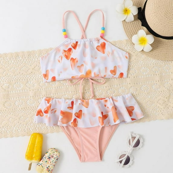 BULLPIANO Girls' Swimsuits Two-Piece Swimsuit Bikini Swimsuit Floral Printing Bikini Set Haler Sport Bikini ,Size 6-7 Years