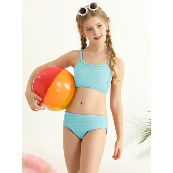 BULLPIANO 7-16T Teen Girls' Swimsuits Two-Piece Bikini Adjustable Shoulder Straps Swimsuit Kids Bathing Suit with Removable Chest Pad