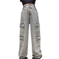 thumbnail image 1 of BULLPIANO Girls Washed Jeans Denim Elastic Wasit Wide Leg Baggy Pants Elastic Band Casual Trousers with Pockets Kids 4-14 Years, 1 of 1
