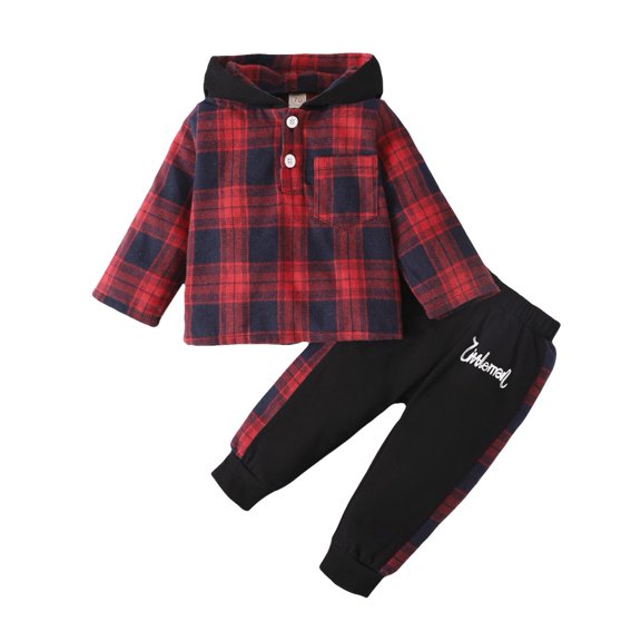 BULLPIANO Infant Baby Boys 2PCS Hoodie Sweatsuit Outfits Toddler Warm Plaid Shirt Top Pants Set Kids Fall Winter Spring Sets 0-24 Months