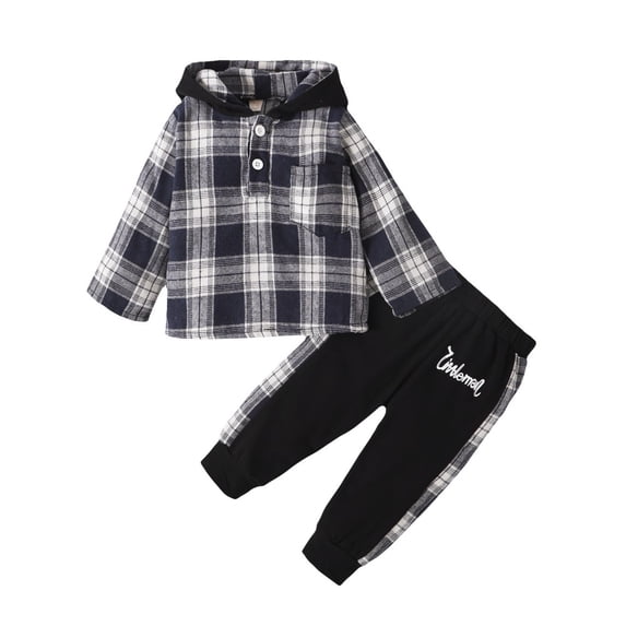 BULLPIANO Infant Baby Boys 2PCS Hoodie Sweatsuit Outfits Toddler Warm Plaid Shirt Top Pants Set Kids Fall Winter Spring Sets 0-24 Months