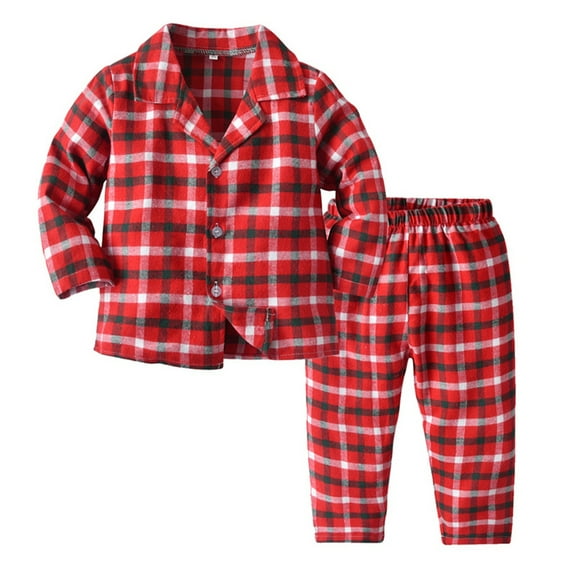 BULLPIANO Kids Cotton Pajamas Set Long Sleeve Button Down Plaid Tops Pants 2 Piece Sleepwear Loungewear, 3-6M