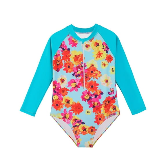 BULLPIANO Kids Girls Rash Guard Long Sleeve One Piece Swimsuits Zipper Quick Dry Bathing Suits UPF 50+Sun Protection, 10-12 Years