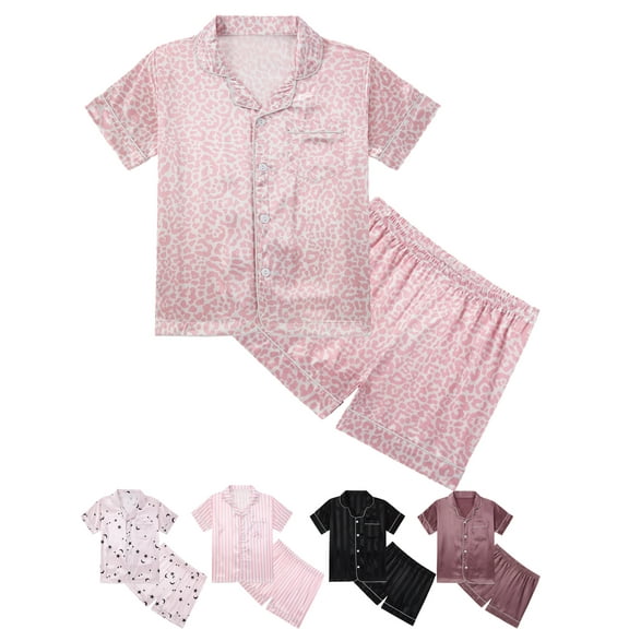 BULLPIANO Kids Satin Pajamas Sets Girls Boys Button-Down Pjs Short Sleeve Silk Nightwear 2 Piece Lounge Sets 5-14Y