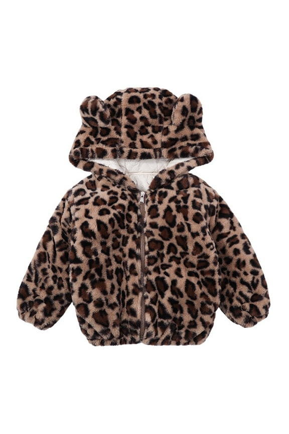 Little Girl Fleece Jackets Leopard Print Hooded Faux Fur Long Sleeve Thicken Warm Fuzzy Outwear