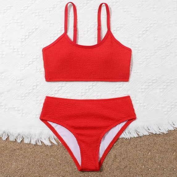 BULLPIANO Little Girls Two-pieces Tankini Swimwear Bikini Bathing Suit Wireless 2 Piece Swimsuit Solid Color Shoulder Straps Sport Bikini