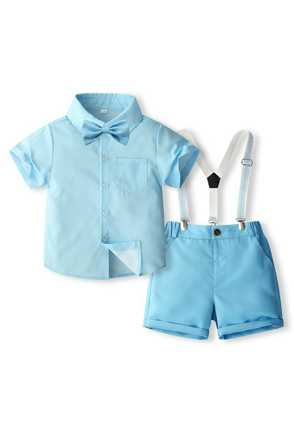 Toddler Baby Boy Outfits Boys Gentleman Wedding Suits Set Short Sleeve Button Shirts+Bowtie+Suspender Shorts Formal Clothes