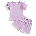 thumbnail image 1 of BULLPIANO Toddler Baby Girl Clothes Summer Outfits Solid Plain Rib Ruffle Short Sleeve T-Shirt Tops + Shorts Cute Outfits Set, 1 of 7