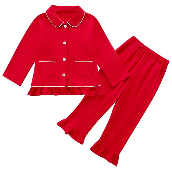 BULLPIANO Toddler Baby Girl Cotton Pajamas Set Ruffle Long Sleeve Lapel Collar Top Long Pants 2 Piece Loungewear Set