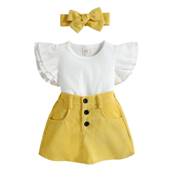 BULLPIANO Toddler Baby Girl Summer Clothes Sleeveless Ruffle Sleeve Ribbed T-shirt Top Solid Skirt Headband Set 3PCS Girl Outfits