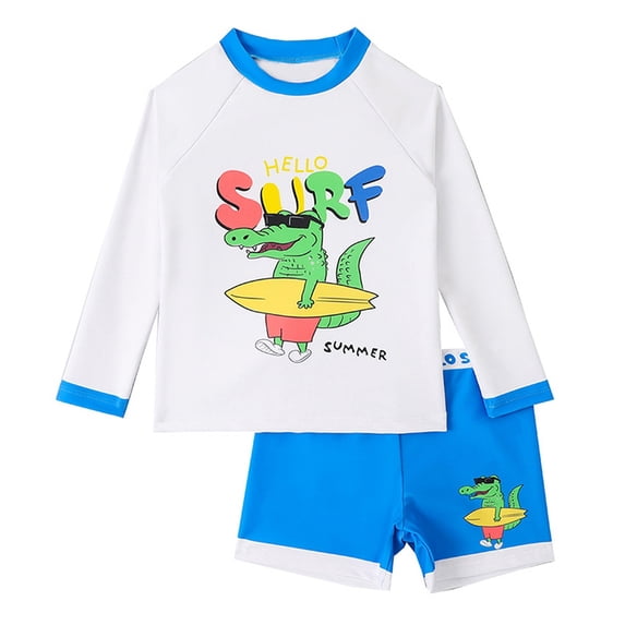 BULLPIANO Toddler Boys Swimsuit Bathing Suits Set 2-Piece Long Sleeve Rash Guard Swimwear & Swim Trunks Set Sunsuit UPF 50+,Size 4-5 Years