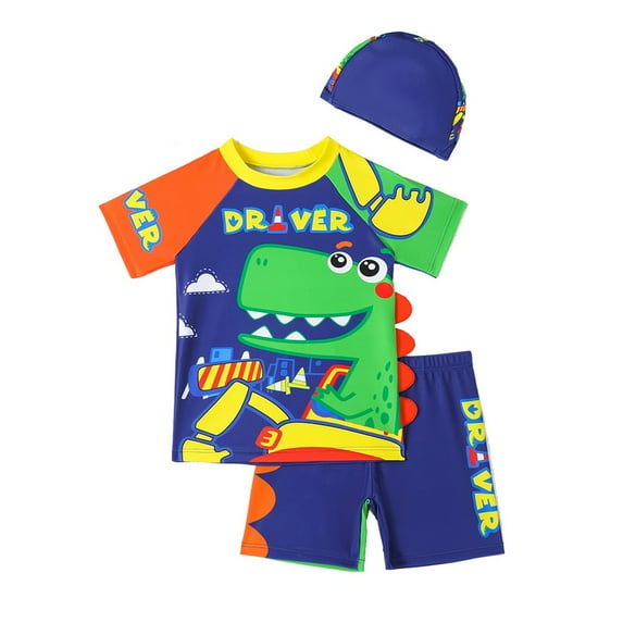 BULLPIANO Toddler Boys Swimsuit Bathing Suits Set Boys Short Sleeve Rash Guard Swim Trunks with Hat UPF 50+ ,Size 4-5 Years