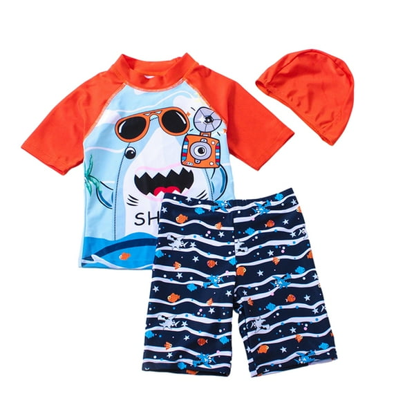 BULLPIANO Toddler Boys Swimsuit Bathing Suits Set Boys Short Sleeve Rash Guard Swim Trunks with Hat UPF 50+ ,Size 7-8 Years