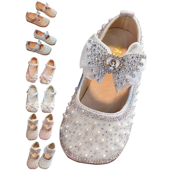 BULLPIANO Toddler Dress Shoes Little Girl Bow Mary Jane Glitter Pearl Ballet Flats Party School Wedding