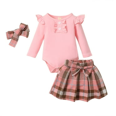 1-4years Toddler Girl 3pcs Set Solid Ribbed Ruffled Romper Plaid Print  Skirt Headband Infant Girls Spring Fall Suit