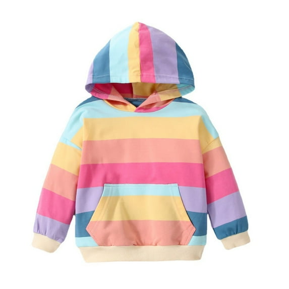 BULLPIANO Toddler Girls Casual Hoodies Sweatshirts Kids Rainbow Striped Hooded Jackets Pullover Tops 18M-6T