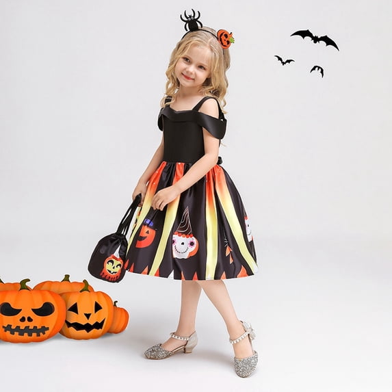 BULLPIANO Toddler Girls Halloween Party Gown Evening Dress With Handbag, Big Girls Vintage Holiday Dress Up Swing Dresses+Bag, 3-13 Year Old