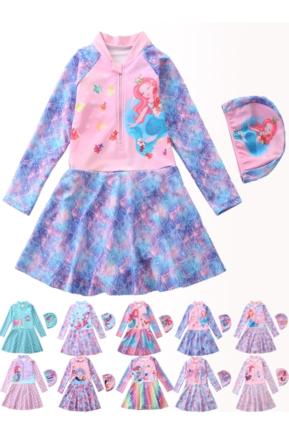 Toddler Girls Swimsuit One Piece Mermaid UPF 50+ Dress Swimwear with Hat 3-10 Years