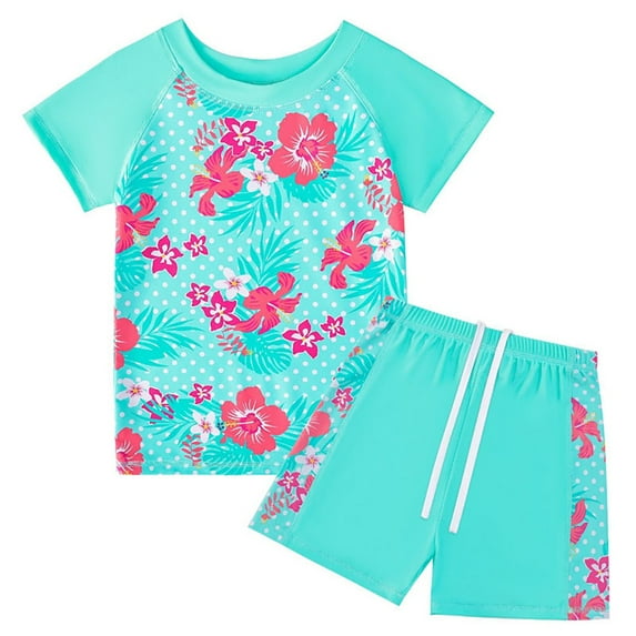 BULLPIANO Toddler Girls Swimsuits Two Piece Rash Guard Set Short Sleeve Bathing Suit Liner Swimwear with UPF 50+ Sun Protection 4-12T