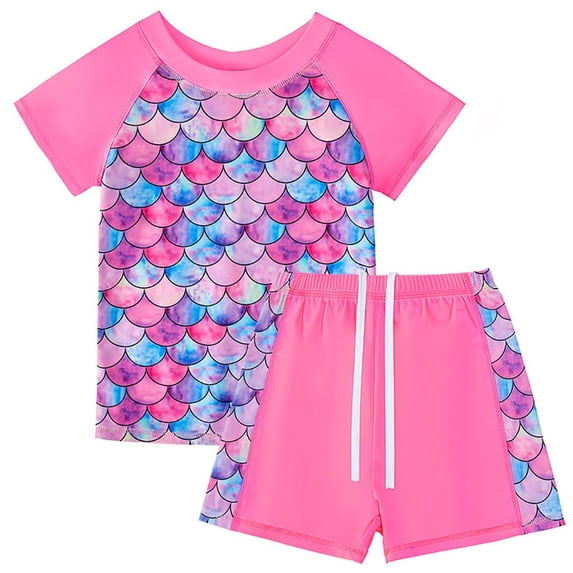 BULLPIANO Toddler Girls Swimsuits Two Piece Rash Guard Set Short Sleeve Bathing Suit Liner Swimwear with UPF 50+ Sun Protection 4-12T