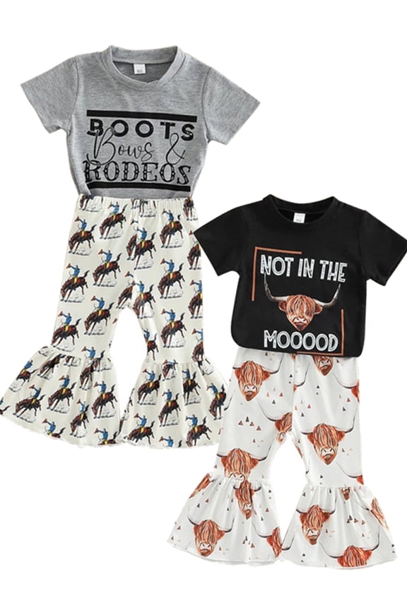 Toddler Kids Baby Girl Outfit Cow Print Short Sleeve T-Shirt Top+Cartoon Flared Pants Set Western Girls Clothes 0-4Y
