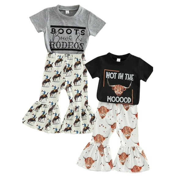 BULLPIANO Toddler Kids Baby Girl Outfit Cow Print Short Sleeve T-Shirt Top+Cartoon Flared Pants Set Western Girls Clothes 0-4Y