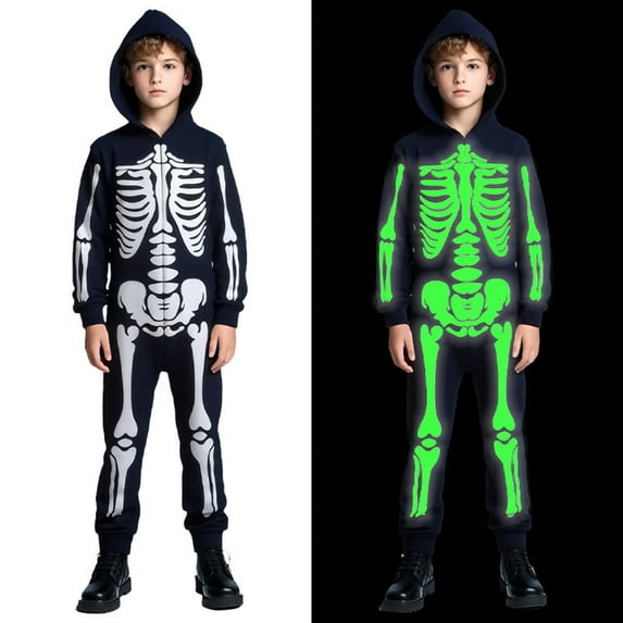 BULLPIANO Unisex Kids Halloween Costume Glow in Dark Skeleton Costume Bodysuit Jumpsuit Halloween Outfits