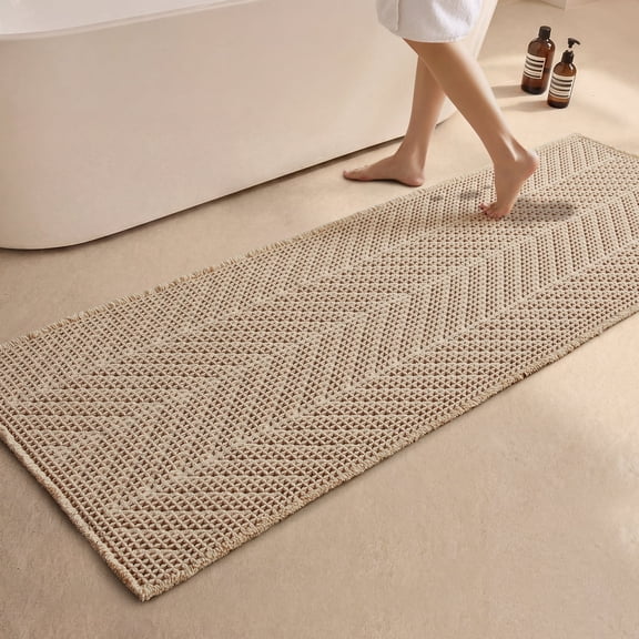 BULULOM Bathroom Rug Runner, Non Slip Washable Super Absorbent Quick Dry, Farmhouse Long Waffle Bath Mat, 72"x24" Beige