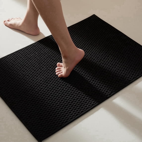 BULULOM Black Bathroom Rugs Non Slip Washable, Super Absorbent Thin Bath Mat Quick Dry Low Pile Bathroom Rug, Black 24"x36"