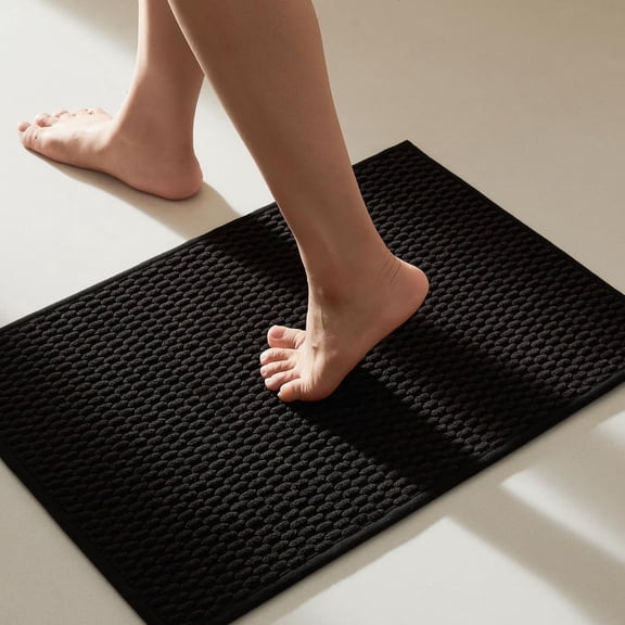 BULULOM Black Bathroom Rugs Non Slip Washable, Super Absorbent Thin Bath Mat Small Quick Dry Low Pile Bathroom Rug, Black 16"x24"