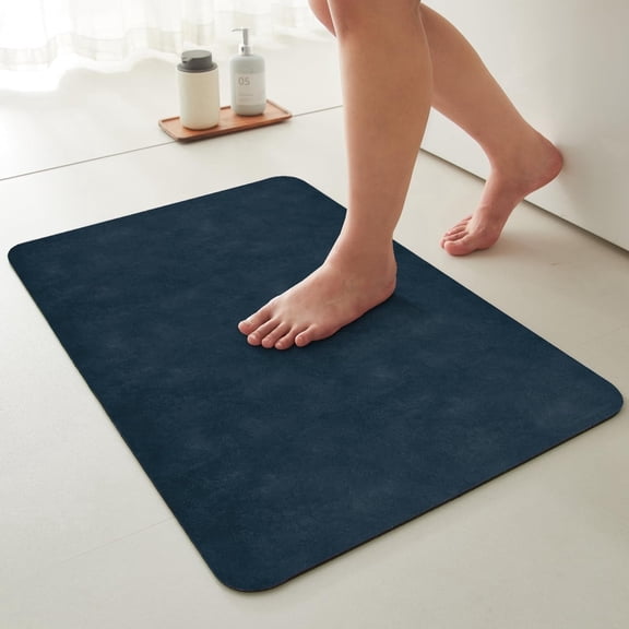 BULULOM Bath Mat Non-Slip, Quick-Dry Absorbent Bathroom Rug, Rubber Backing Washable Thin Design Fits Under Doors Navy Blue 16"x24"