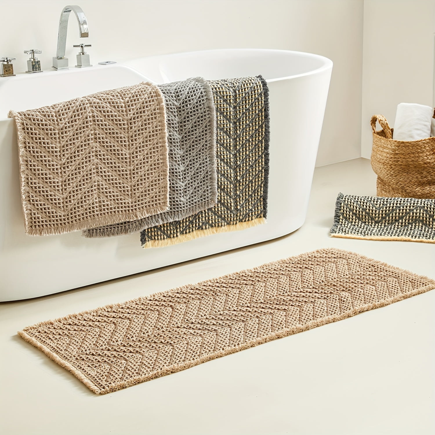 BULULOM Upgraded Fishbone Pattern Waffle Bath Mat,2 PCS Boho Bathroom Rugs Non Slip Washable Super Absorbent Quick Dry Farmhouse Bathroom Decor