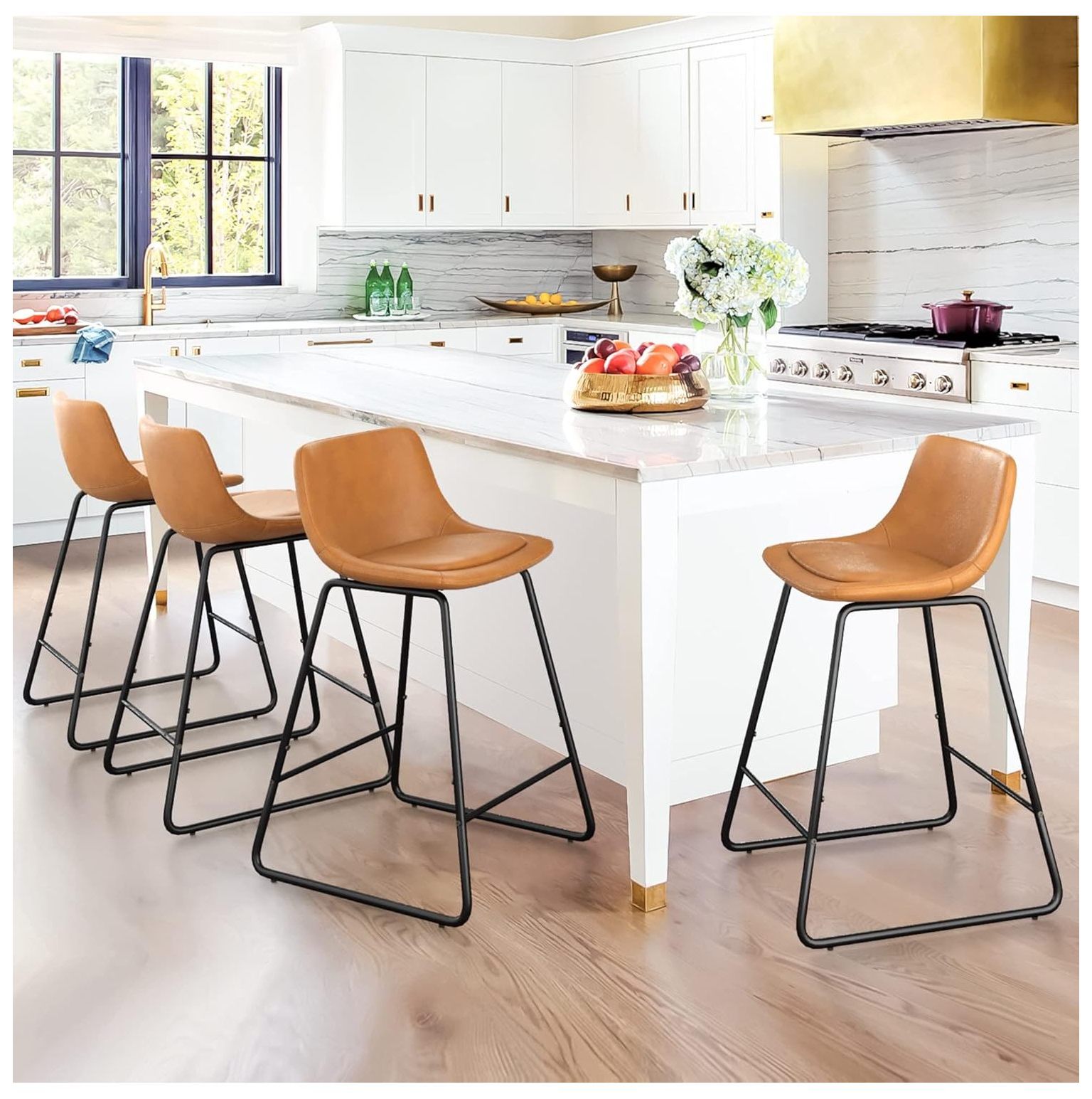 BULYAXIA 24’’ Barstools Counter Height Set of 4, Upholstered Faux Leather Bar Stool with Metal