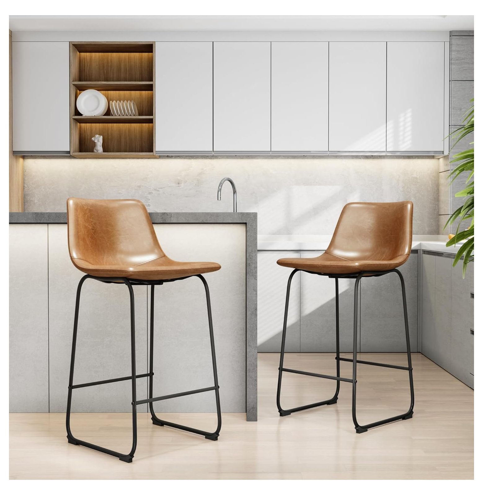 BULYAXIA 24 inch Bar Stools Set of 2, Modern Bar Height Barstools, Faux