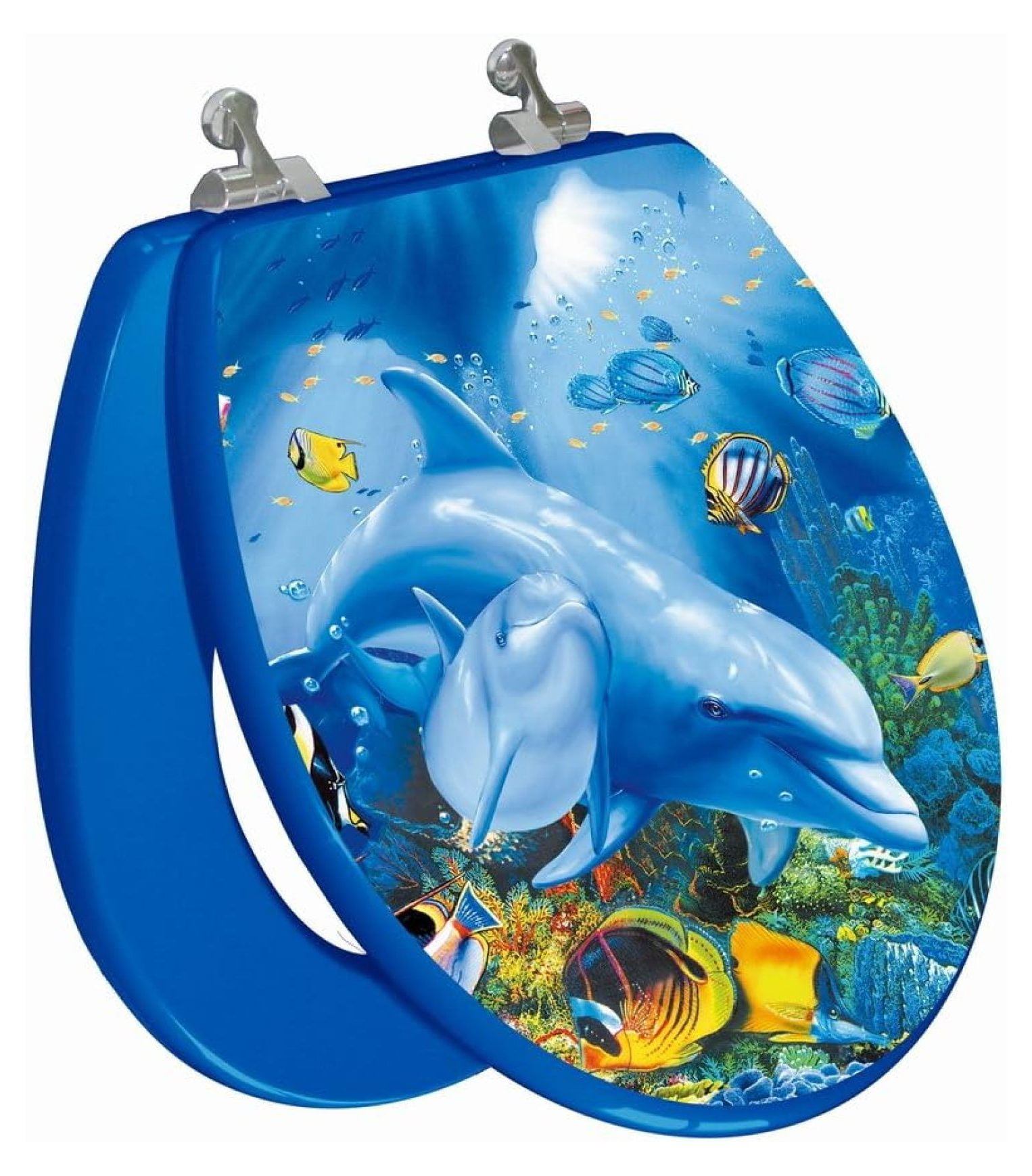 BULYAXIA 3D Ocean Series Round Toilet Seat w/Chromed Metal Hinges, Wood