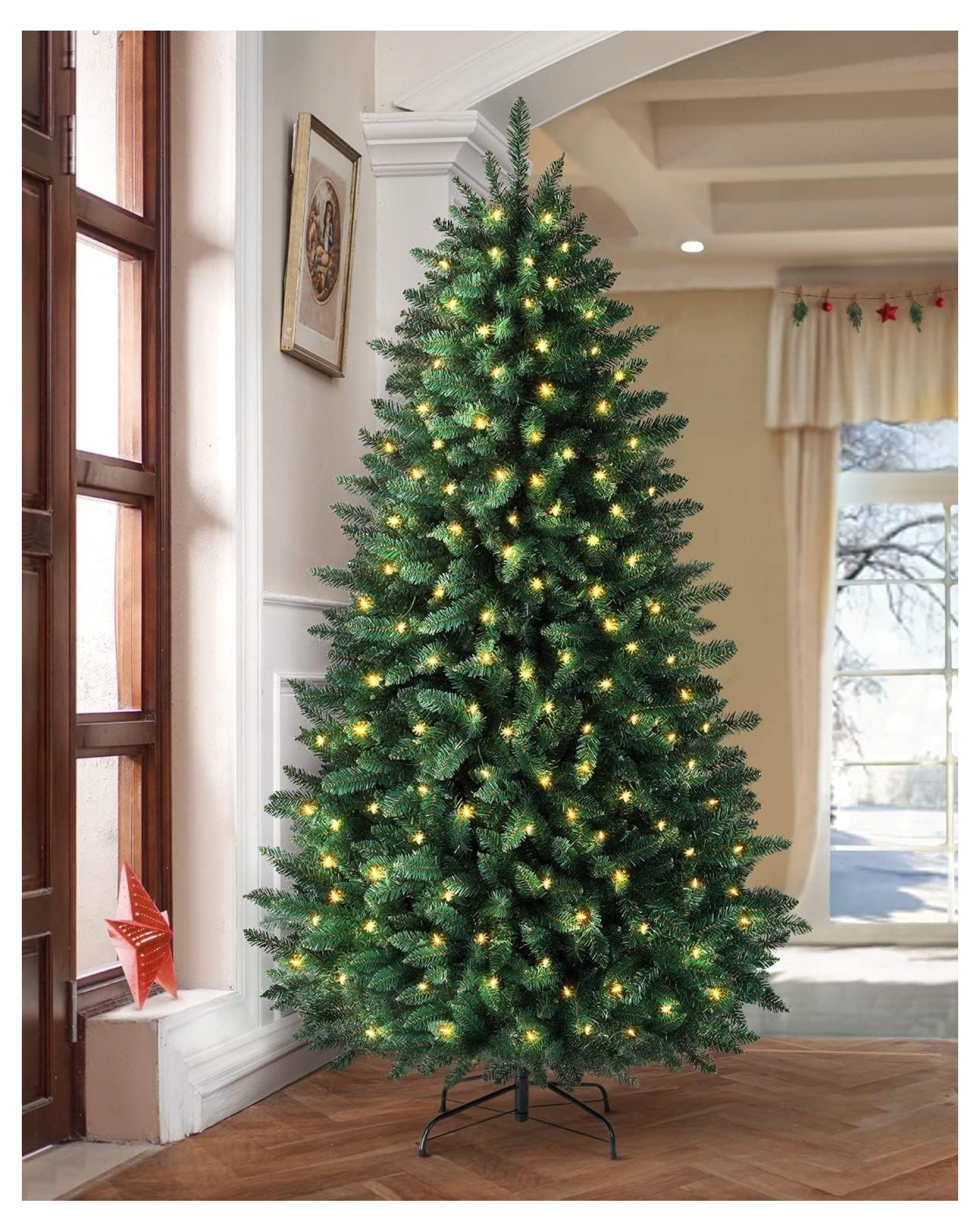 BULYAXIA 6.5ft Christmas Tree with Light, Prelit Christmas Tree with Metal Stand, Artificial